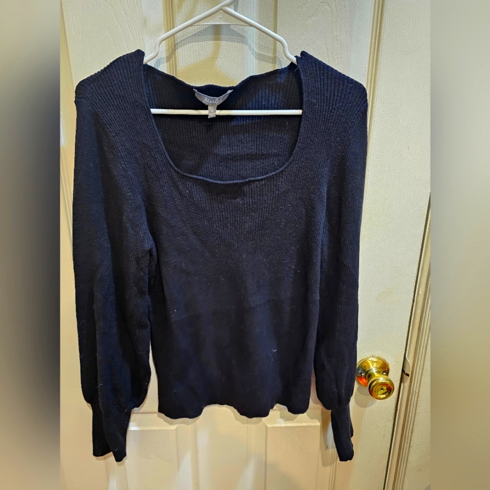 Marled black square neck sweater with bishop sleeves XL Euc